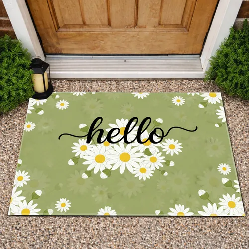 Elegant Black Script Hello Daisy Flowers Olive Green - Welcoming Home Decor Gift Doormat