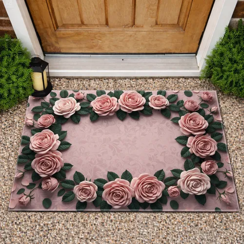 Pink Roses Floral Garland - Home Decor Gift for Flower Lovers Doormat