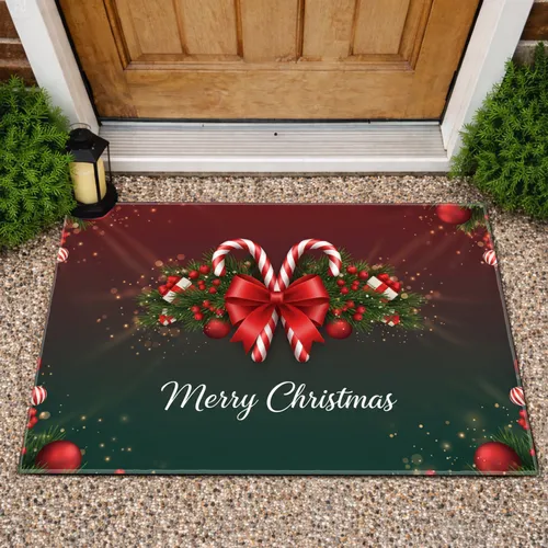 Candy Canes Merry Christmas Pine Boughs Berries - Christmas Holiday Decor Doormat