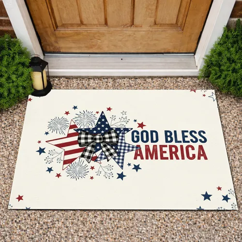 Patriotic Stars God Bless America Buffalo Bow - Independence Day Home Decor Gift Doormat
