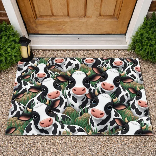 Baby Holstein Cow Faces Black White Patches Lush Grass Farmhouse Decor - Cow Lover Gift Doormat