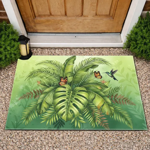 Monstera Banana Palm Leaves Butterflies Hummingbird - Home Decor Gift Doormat