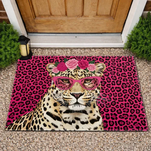 Leopard Head Pink Sunglasses Roses - Home Decor Gift for Leopard Lover Doormat