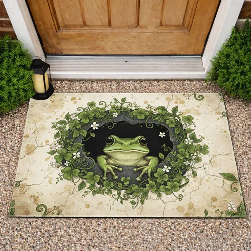 Green Frog Peeking Dark Hole Lush Botanical Vines - Nature Inspired Home Decor Gift for Frog Lovers Doormat