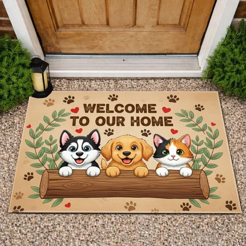 Welcome Home Dog Cat Log Paw Print - Home Decor Gift for Pet Lover Doormat