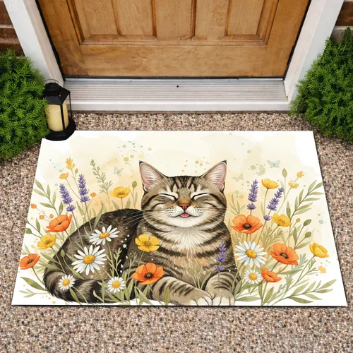 Happy Tabby Cat Wildflower Meadow - Home Decor Gift for Cat Lover Doormat