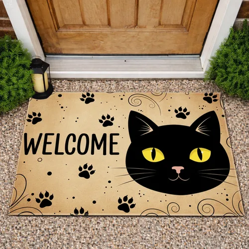 Black Cat Welcome Paw Prints Parchment Home Decor Gift for Cat Lover Doormat