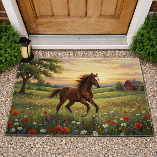 Galloping Brown Horse Wildflower Meadow Sunset - Home Decor Gift for Horse Lover Doormat