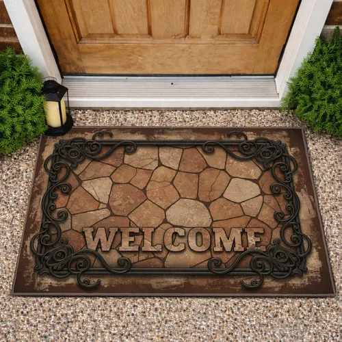 WELCOME Irregular Paver Stone Scrollwork Flourishes - Everyday Home Entry Decor Gift Doormat