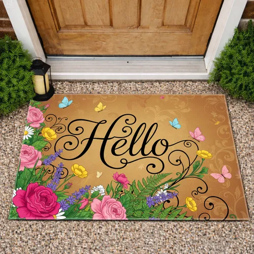 Hello Script Wildflower Butterflies - Home Decor Gift for Garden Lover Doormat