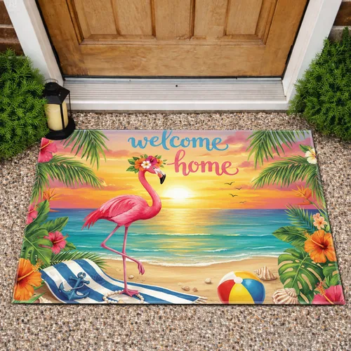 Pink Flamingo Welcome Home Tropical Sunset Beach - Home Decor Gift for Beach Lover Doormat