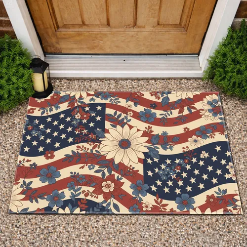 Waving American Flag Floral Stars - Independence Day Home Decor Gift for Veterans Doormat