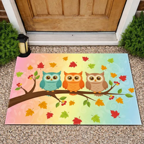 Three Cheerful Owls Tree Branch Autumn Leaves - Wildlife Home Decor Gift Doormat