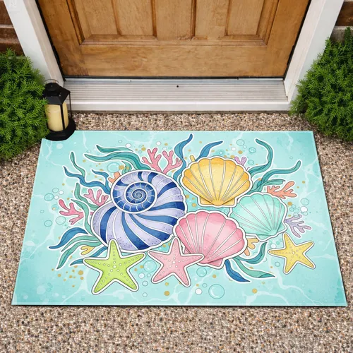 Ocean Seashells Starfish Coral Underwater Seaweed - Beach House Decor Gift Doormat