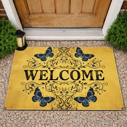 Welcome Sign Butterflies Scrollwork Vines - Entryway Home Decor Doormat