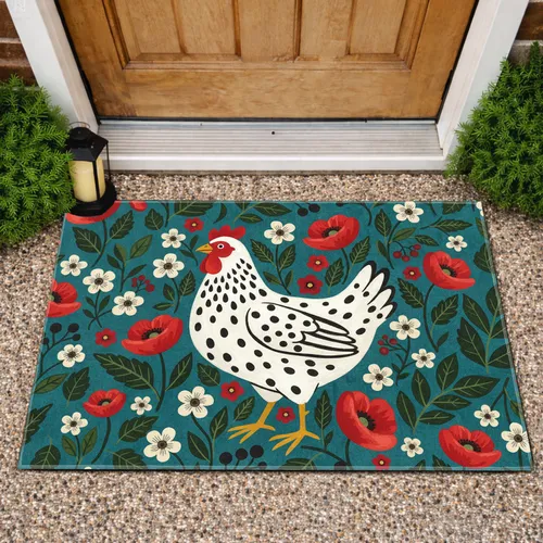 White Hen Poppy Garden - Farmhouse Decor Gift for Hen Lover Doormat