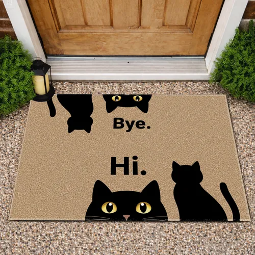 Two Black Cat Hello Bye Welcome Entryway - Home Decor Gift for Cat Lover Doormat
