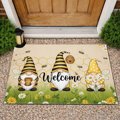 Welcome Bee Gnomes Honeycomb - Farmhouse Decor Gift for Garden Lover Doormat
