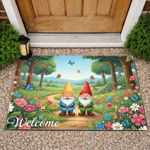 Garden Gnomes Butterflies Blooming Flowers Welcome - Home Decor Gift for Garden Lover Doormat