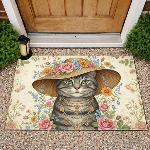 Grey Tabby Cat Wildflower Straw Hat - Home Decor Gift for Cat Lovers Doormat
