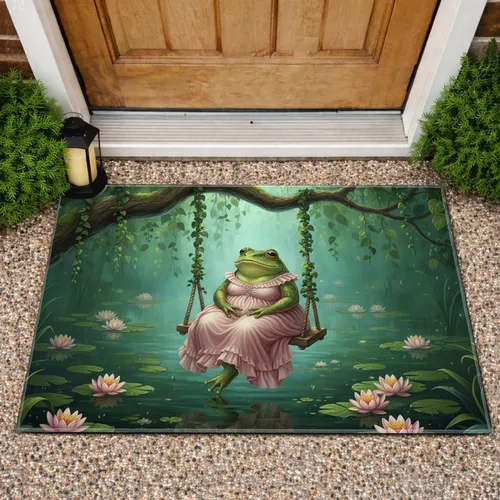 Plump Green Frog Pink Dress Water Lilies - Home Decor Gift for Frog Lovers Doormat