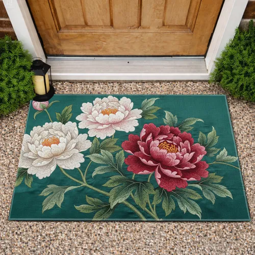 Peony Flowers Botanical Green Leaves Fabric Background - Everyday Home Decor Gift Doormat