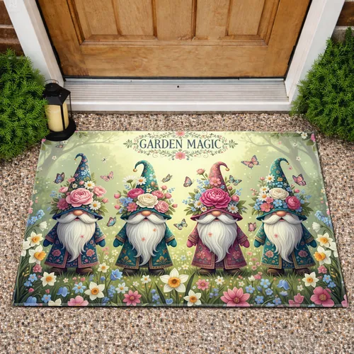 Cheerful Garden Gnomes Spring Flowers Butterflies - Home Decor Gift for Garden Lover Doormat