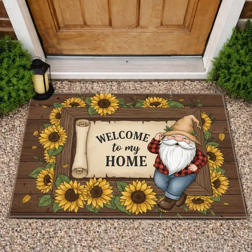Gnome Welcome Scroll Sunflowers - Farmhouse Home Decor Gift for Gnome Lover Doormat