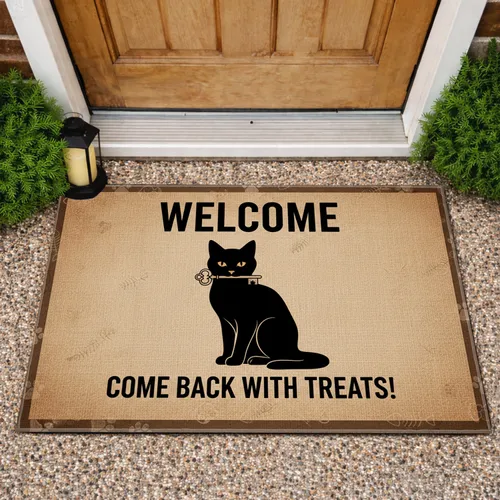 Black Cat Welcome Treats Key - Home Decor Gift for Cat Lover Doormat