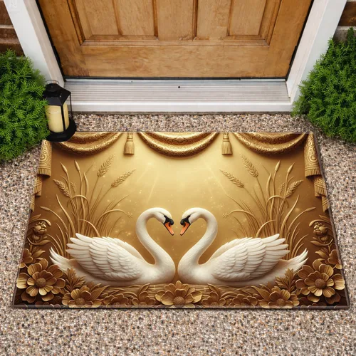 White Swans Golden Ornate Drapery Relief Flowers - Luxury Home Decor Gift for Living Space Doormat