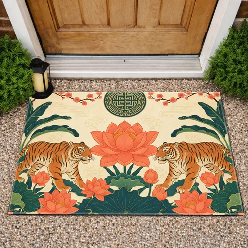 Mirrored Tigers Lotus Flower East Asian Tropical - Home Decor Gift Doormat