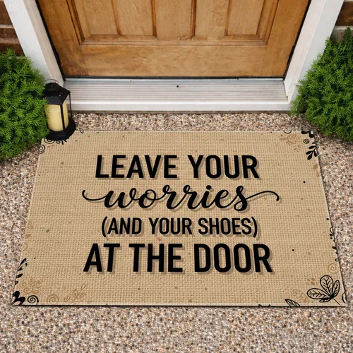 Leave Your Worries And Shoes Rustic Farmhouse Quote - Home Decor Gift Doormat