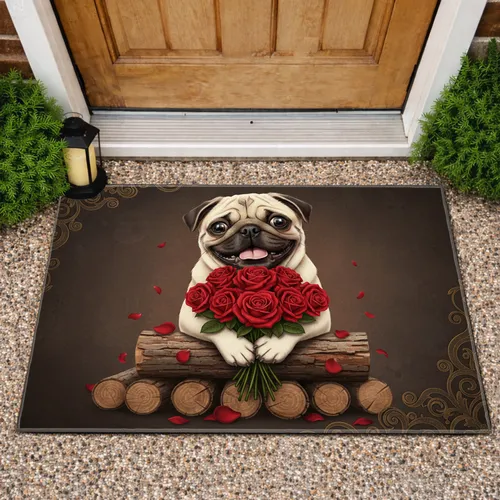 Pug Dog Red Roses Rustic Logs Golden Bronze Baroque Scrollwork - Dog Owner Home Decor Gift Doormat