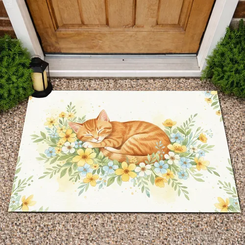 Sleeping Orange Tabby Kitten Floral Meadow - Home Decor Gift for Cat Lovers Doormat