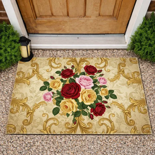 Classic Garden Roses Antique Gold Scrollwork - Farmhouse Home Decor Gift Doormat