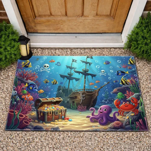 Sunken Pirate Ship Treasure Chest Skull Sea Creatures - Home Decor Gift Doormat