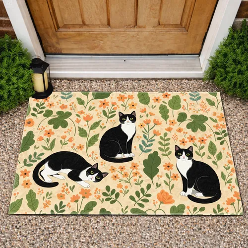 Black White Tuxedo Cats Wildflower Field - Home Decor Gift for Cat Lover Doormat