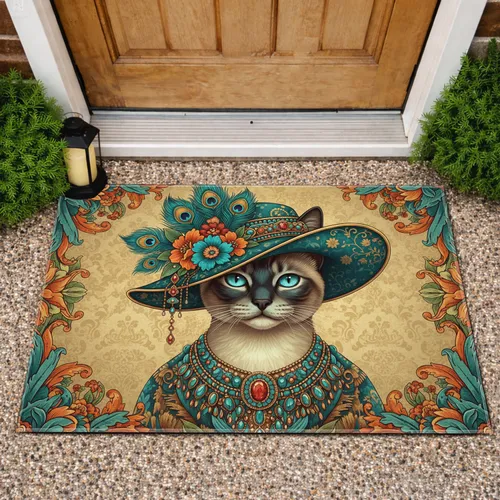 Siamese Cat Portrait Ornate Hat Jeweled Necklace - Boho Home Decor Gift for Cat Lover Doormat