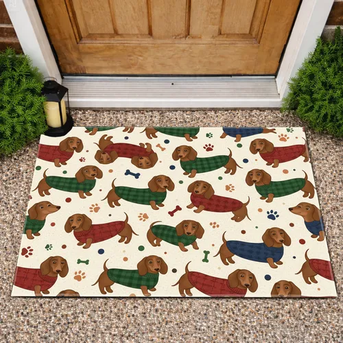 Dachshunds Knitted Sweaters Dog Bones Paw Prints - Home Decor Gift for Dog Lover Doormat