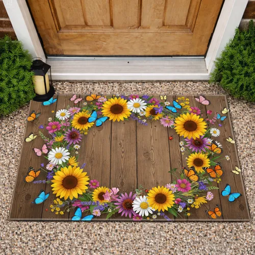 Wildflowers Butterflies Ladybugs Rustic Wood - Home Decor Gift for Garden Lover Doormat