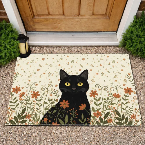 Black Cat Botanical Floral Foliage - Home Decor Gift for Cat Lover Doormat