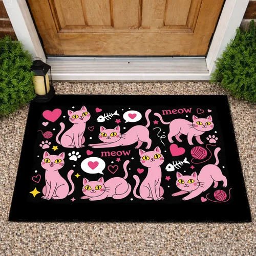 Pink Cartoon Cats Hearts Stars Paw Prints - Home Decor Gift for Cat Lovers Doormat