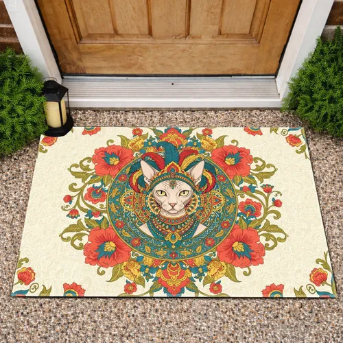 Sphynx Cat Headdress Mandala Floral - Home Decor Gift for Cat Lover Doormat