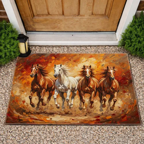 Four Wild Horses Galloping Dusty Landscape - Wildlife Lover Home Decor Gift Doormat