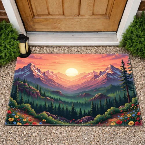 Snow-Capped Mountain Sunset Forest Wildflowers - Nature Lover Gift Doormat