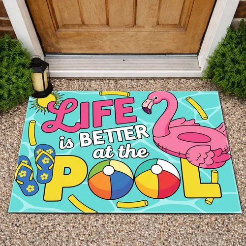 LIFE is BETTER at the POOL Phrase Flamingo Flip Flops - Summer Poolside Home Decor Doormat