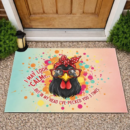 Humorous Cartoon Hen Eyeglasses Bandana Text - Farmhouse Decor Gift for Chicken Lover Doormat