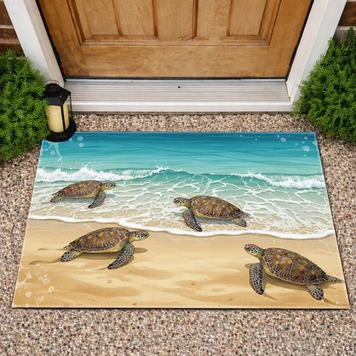 Four Sea Turtles Ocean Waves Coastal Beach - Wildlife Lover Home Decor Gift Doormat