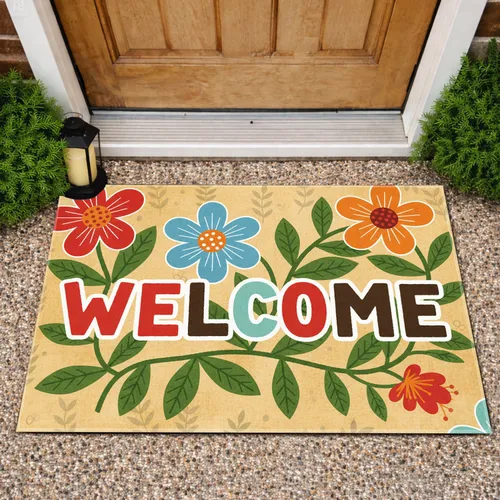 WELCOME Lettering Red Blue Orange Flowers Green Foliage - Everyday Home Decor Gift for New Homeowners Doormat