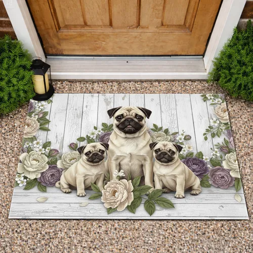 Pugs Peony Rose Botanical Frame - Home Decor Gift for Pug Lovers Doormat